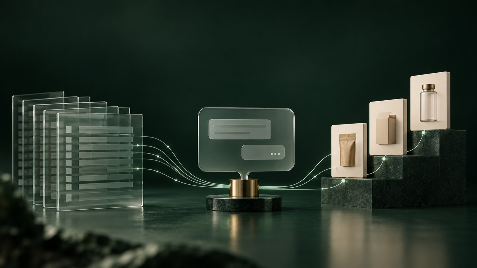 Conceptual artwork: glass panels of records on the left connect through glowing lines to a speech-bubble screen on a brass stand, which links on to three packaging products displayed on green stone steps.